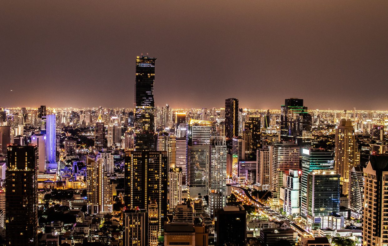 Bangkok skyline at dusk, present day