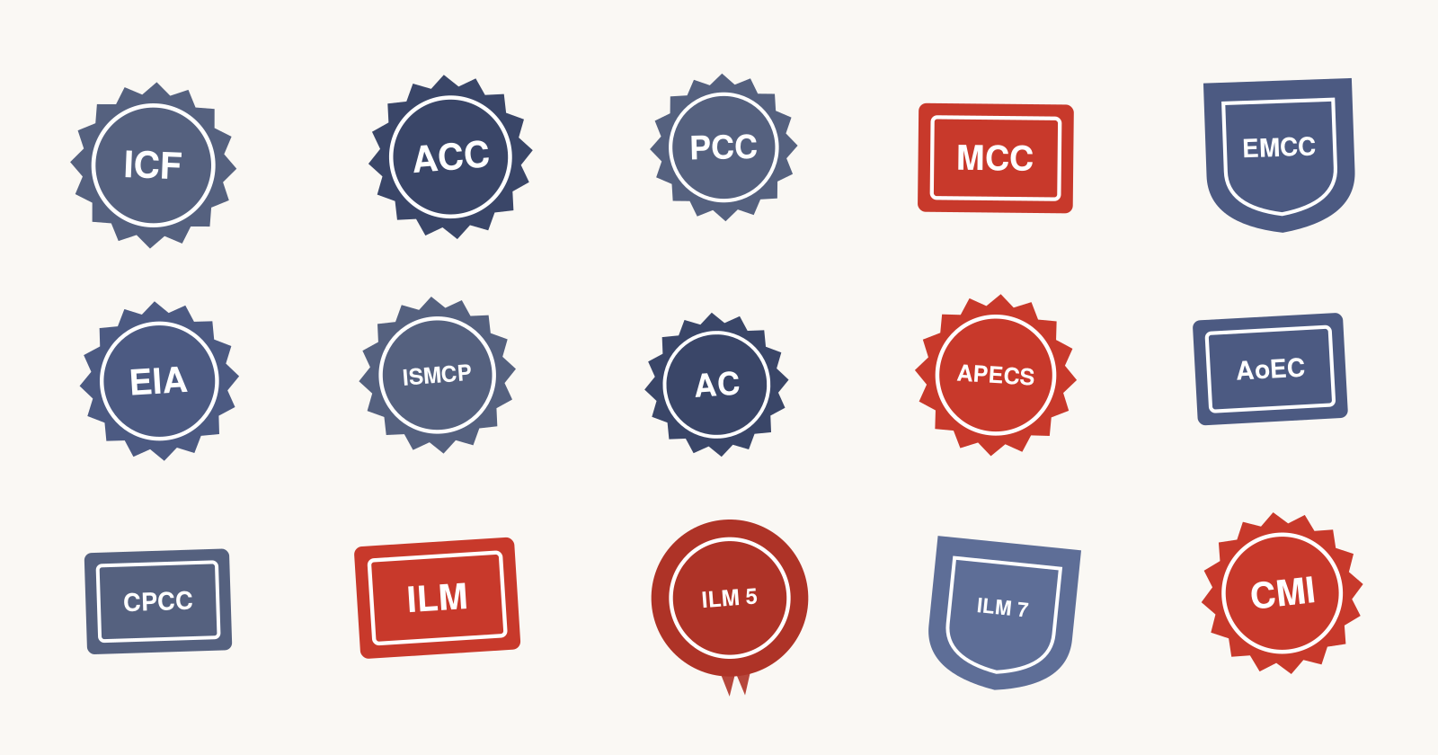 A grid of coaching credential badges &mdash; ICF, ACC, PCC, MCC, EMCC, AC and others