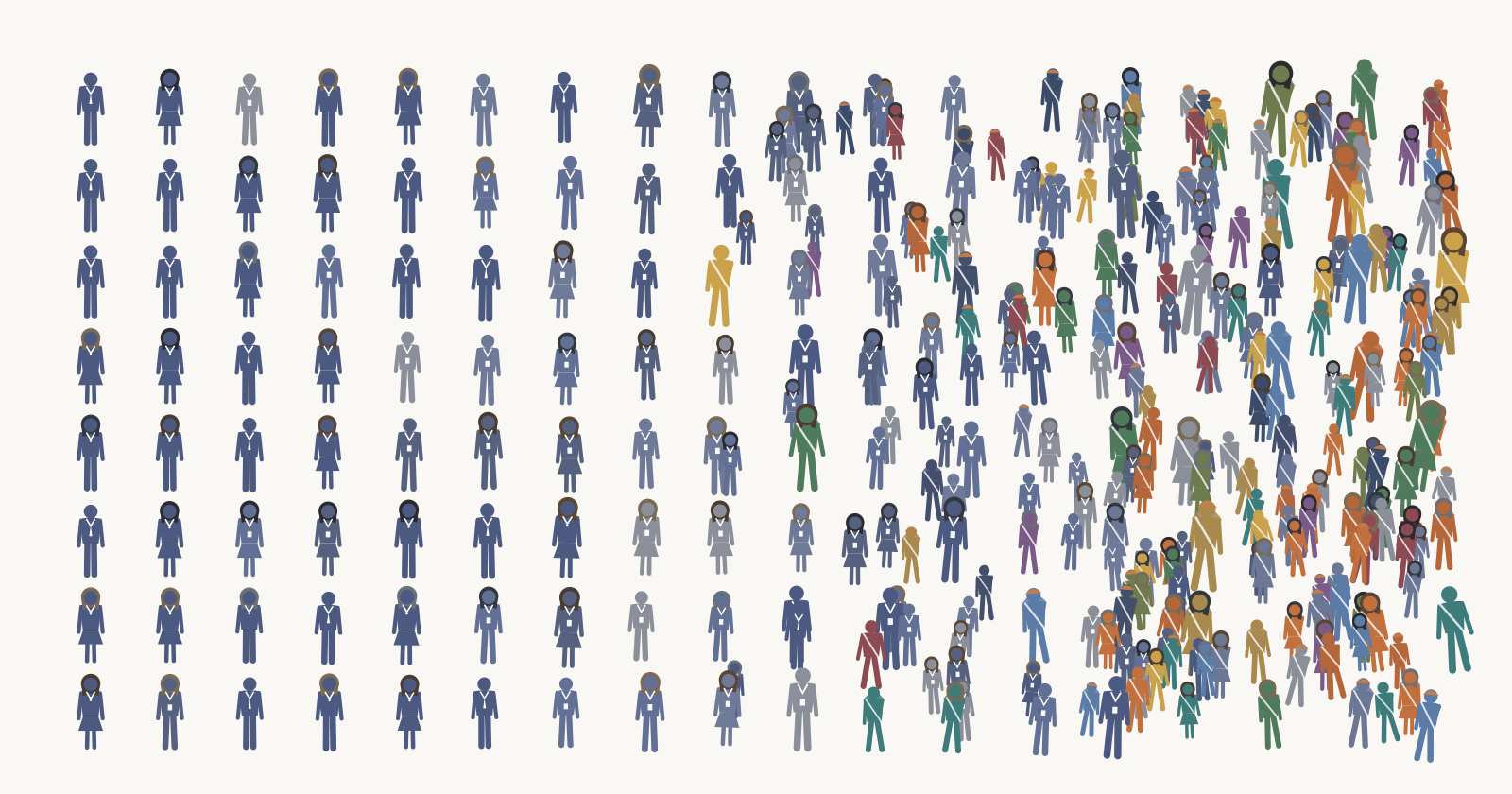 An orderly grid of uniform figures on the left giving way to a large, diverse crowd on the right &mdash; from clear credentials to everyone is a coach