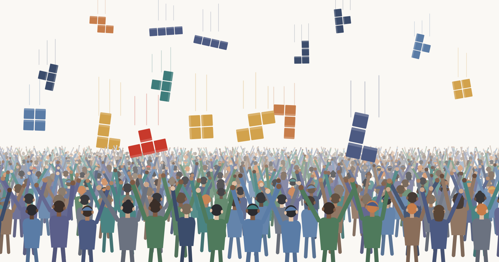 Falling block shapes descending towards a vast crowd with arms raised to reach them